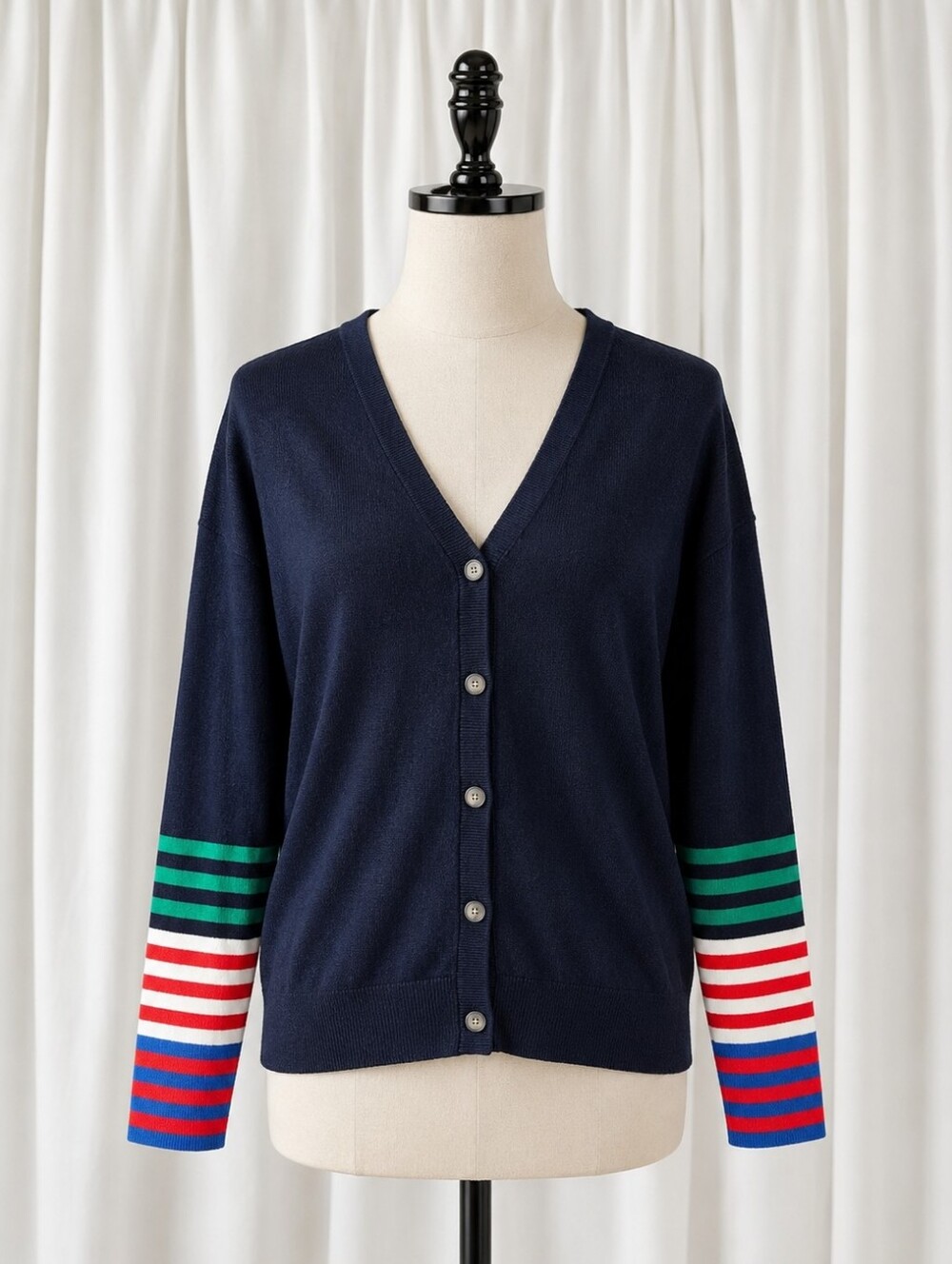 Boden Navy Blue V-Neck Rainbow Stripe Cotton Wool Preppy Knit Cardigan Sweater